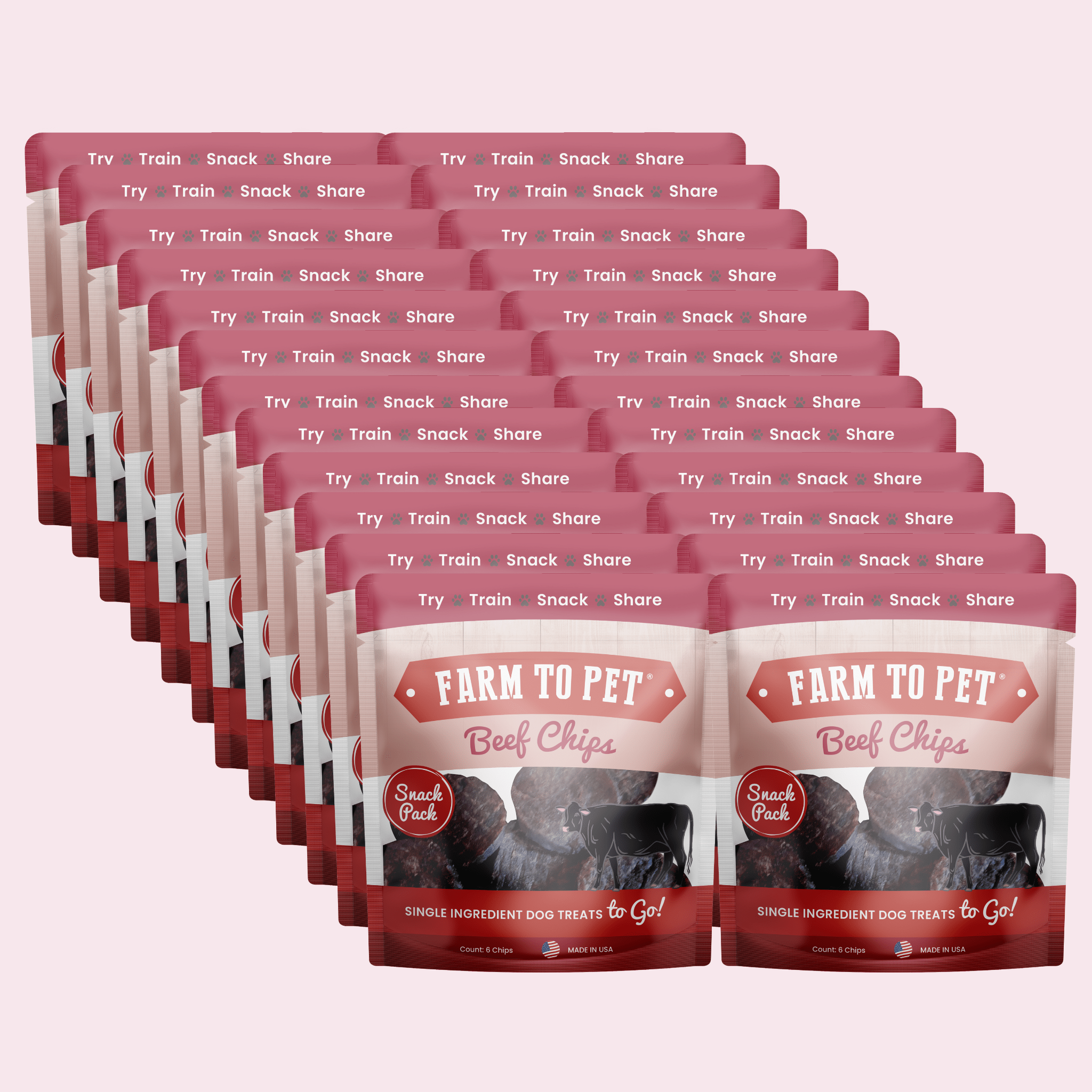 Multiple beef chips snack packs stacked, Farm to Pet Beef Chips bags
