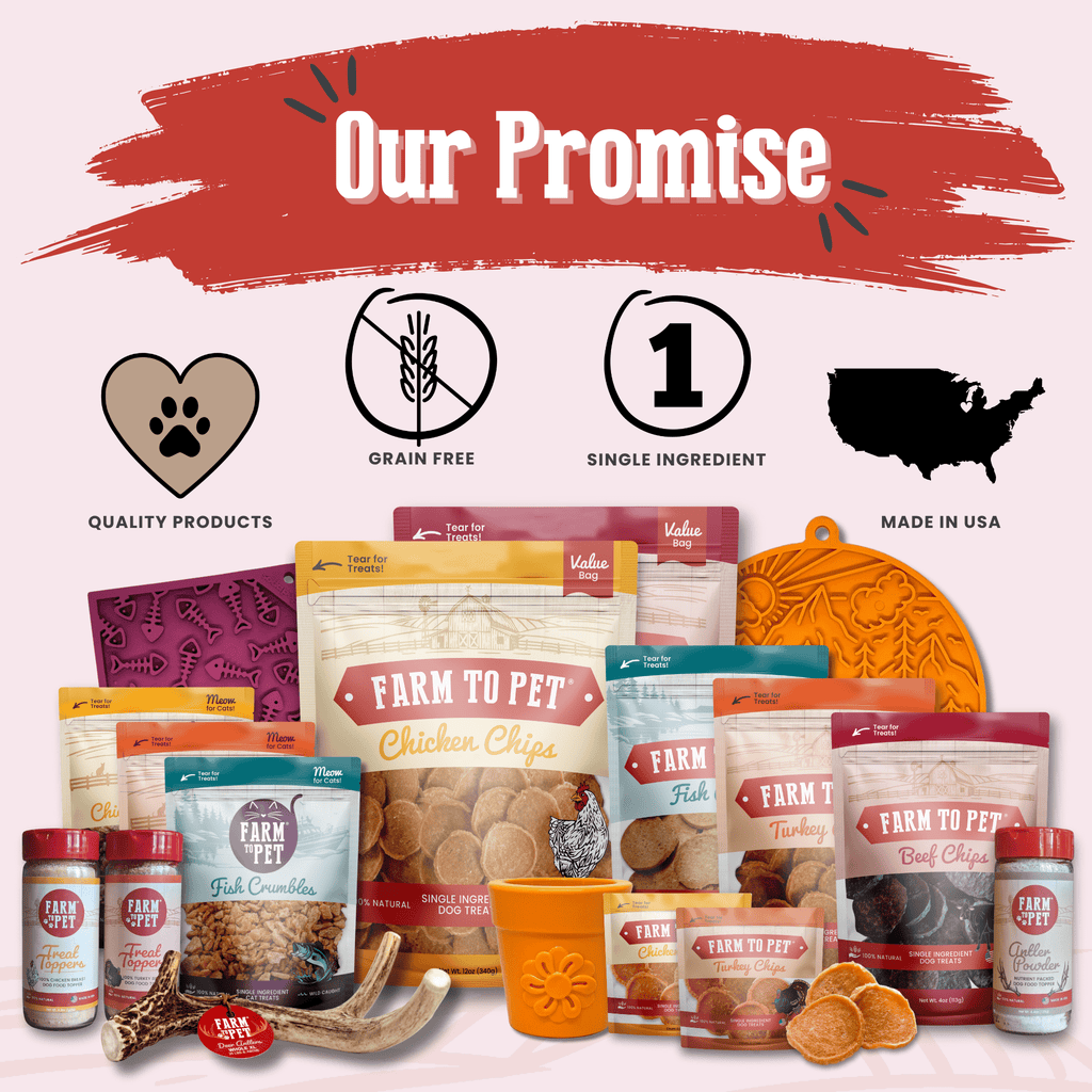 Farm to Pet beef chips snack variety set with bags and containers