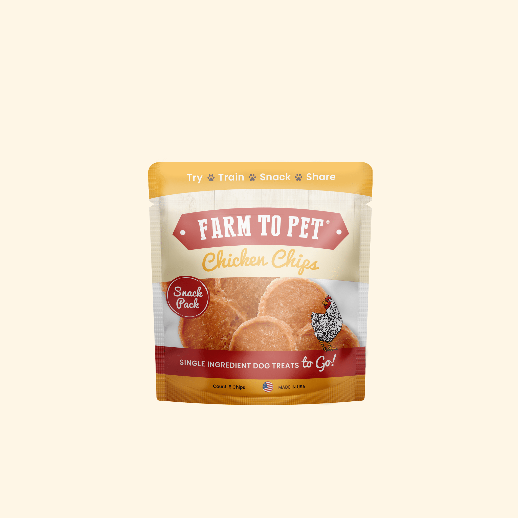 Farm to Pet chicken chips dog treat bag with round snack pieces