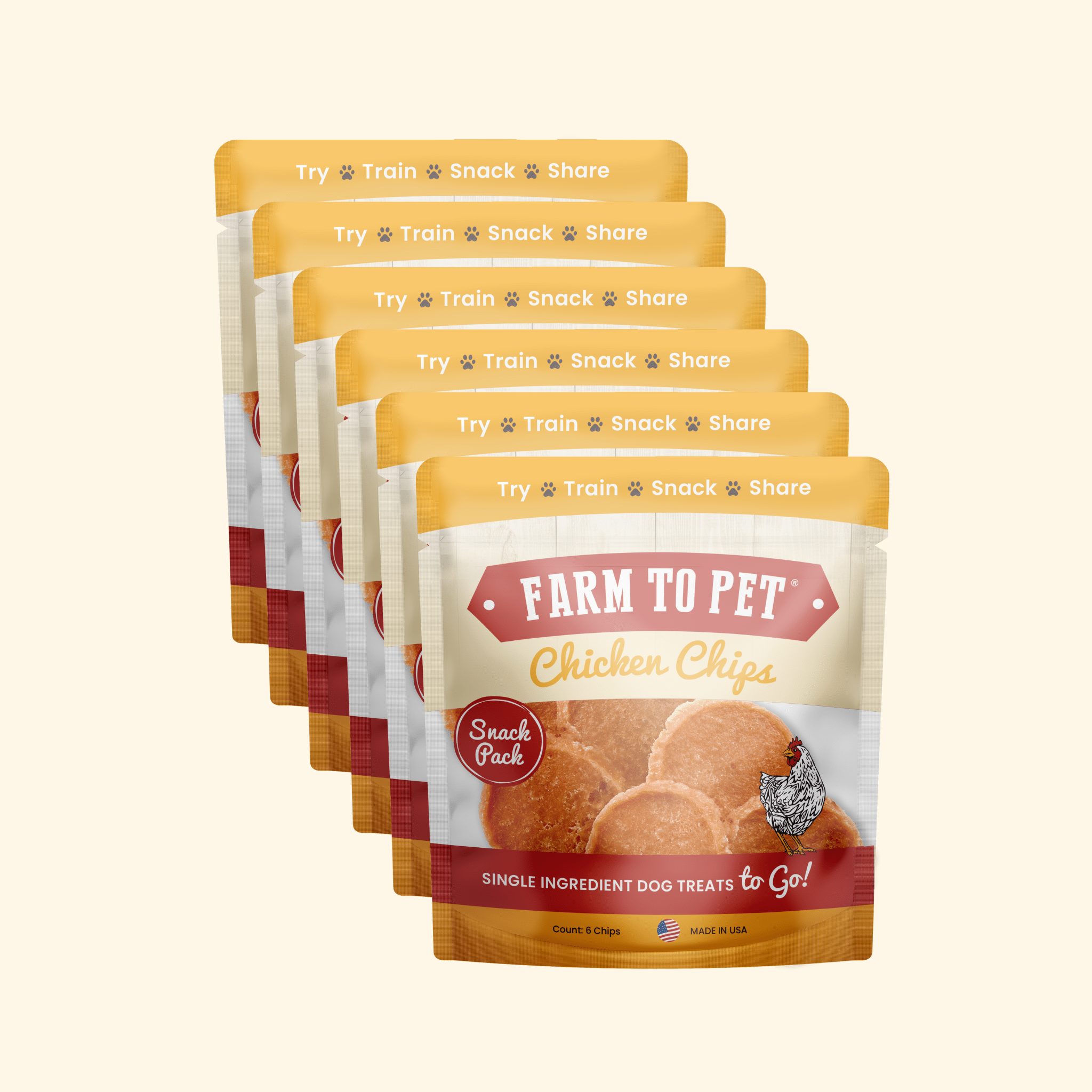 Stacked Farm to Pet chicken chips dog treat bags, front labels visible