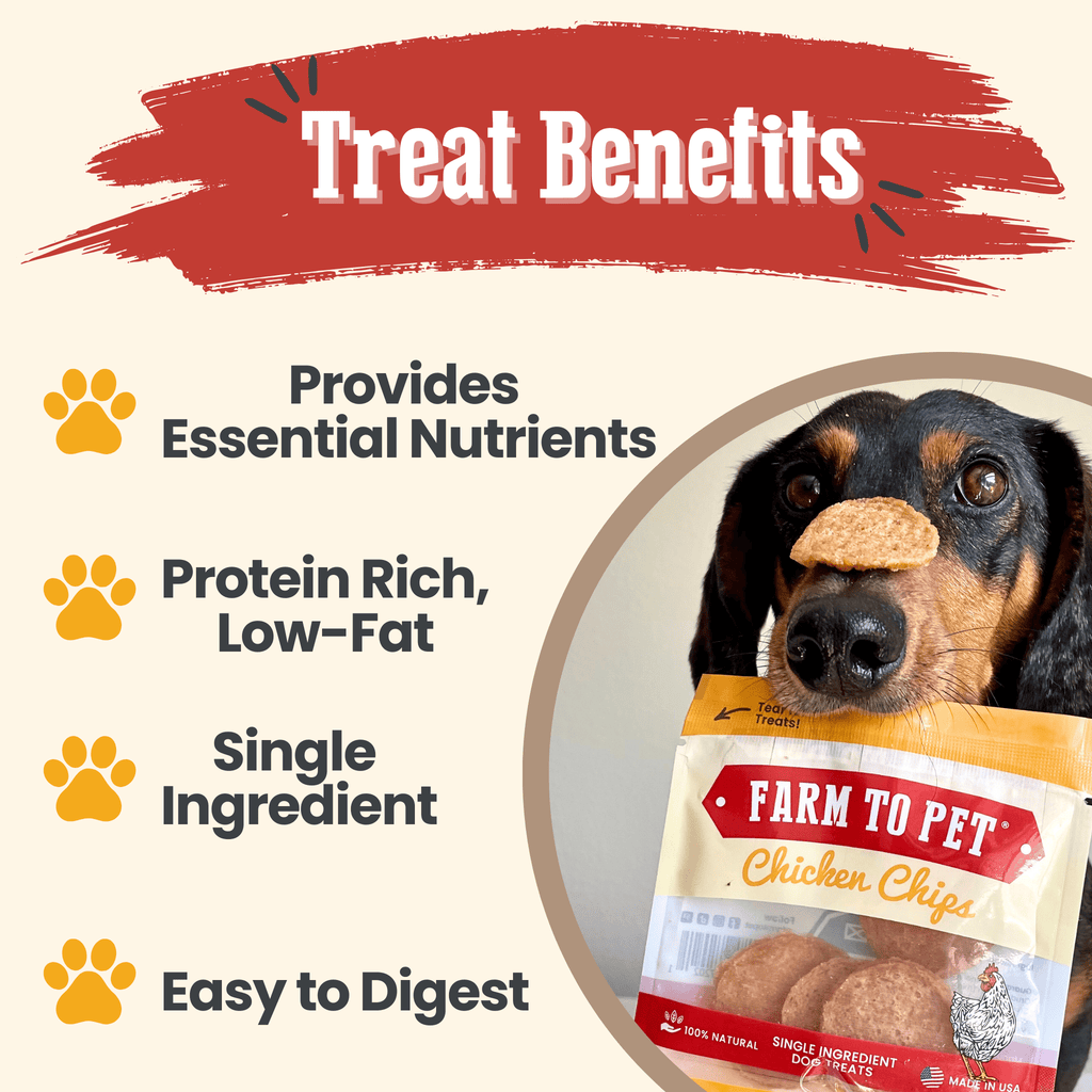 Chicken chips treat benefits graphic with Farm to Pet bag and dog close-up