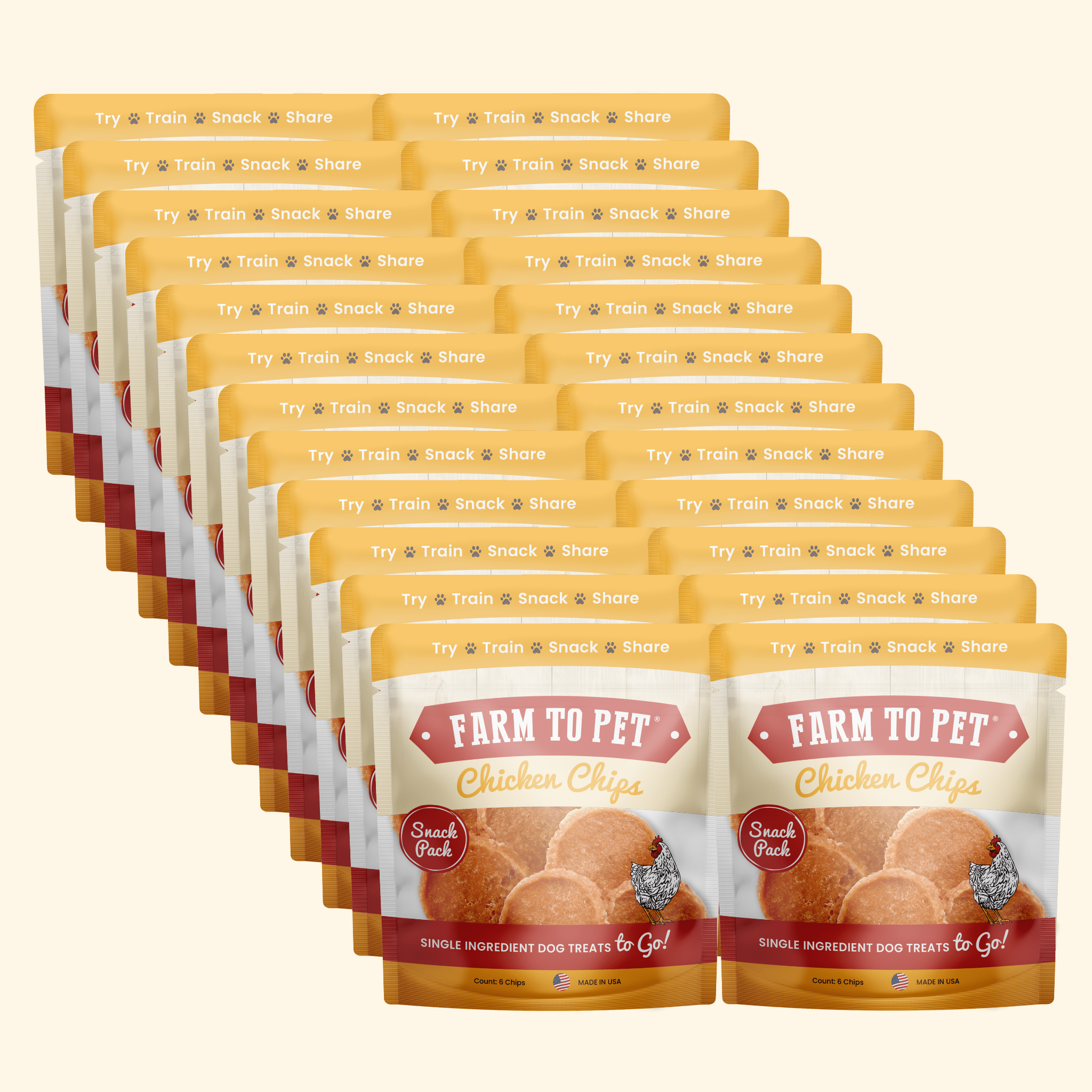Multiple Farm to Pet chicken chips dog treat bags in a bundle