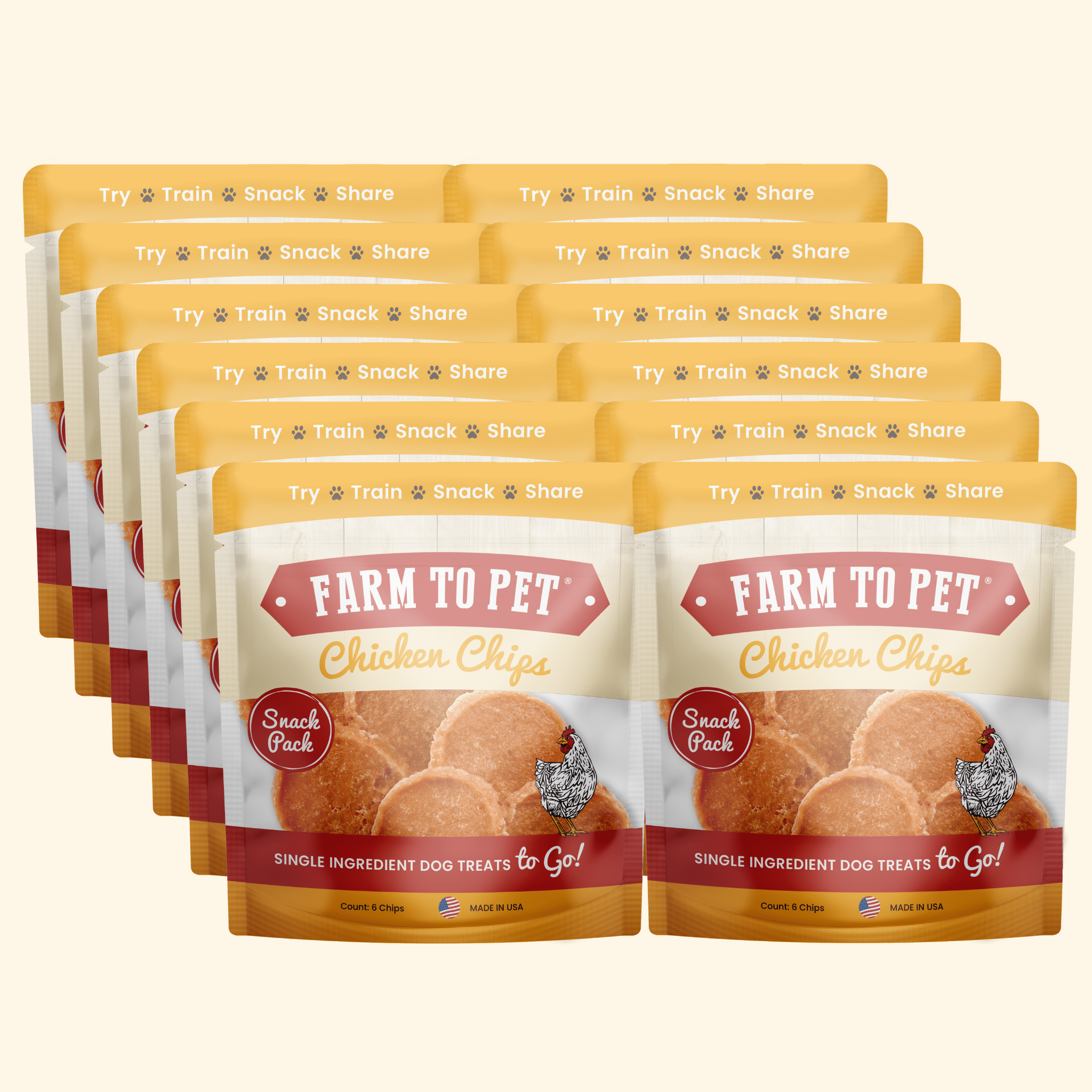 Multiple Chicken Chips dog treat pouches stacked in a pack