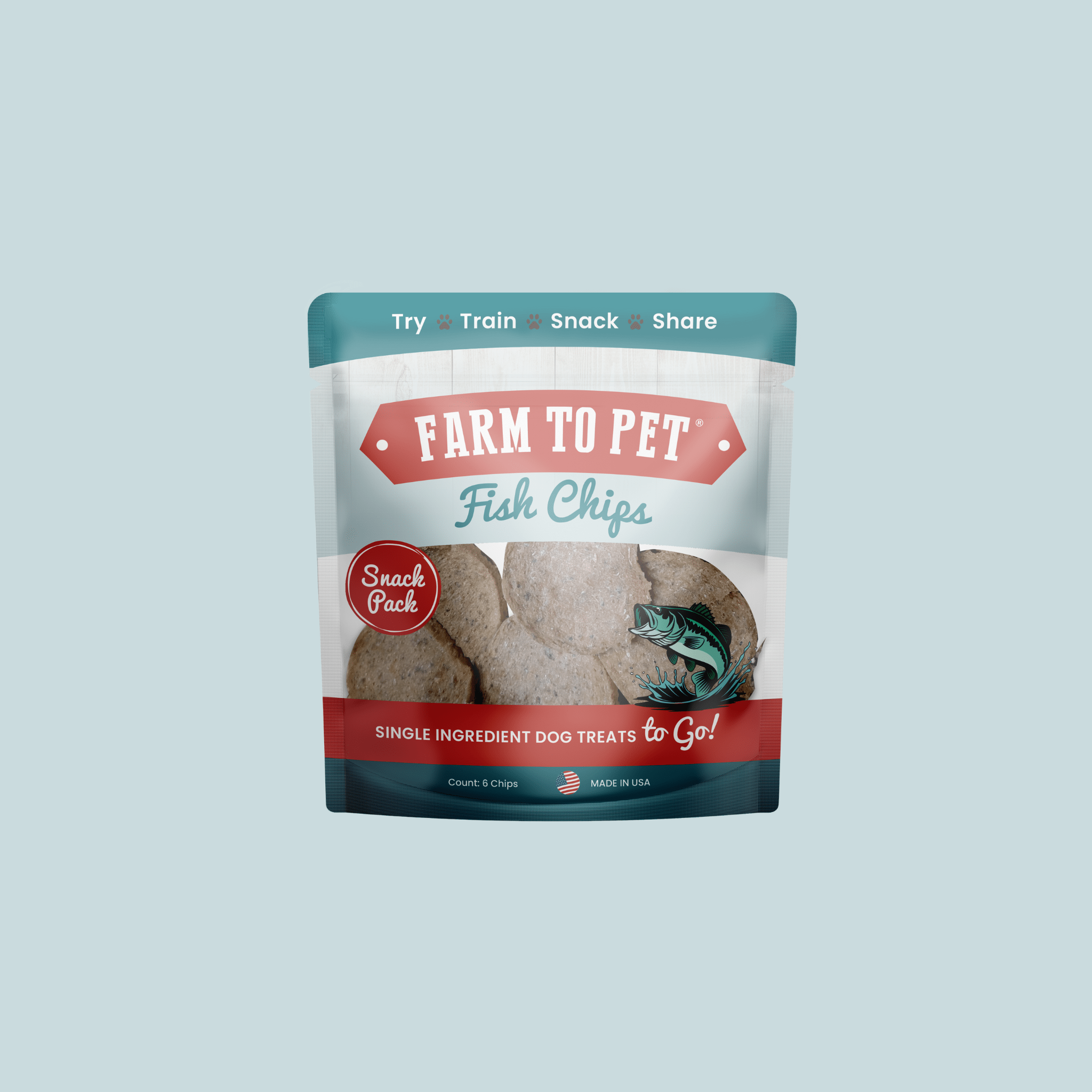 Farm to Pet Fish Chips dog treat pouch, teal top with red snack-pack label