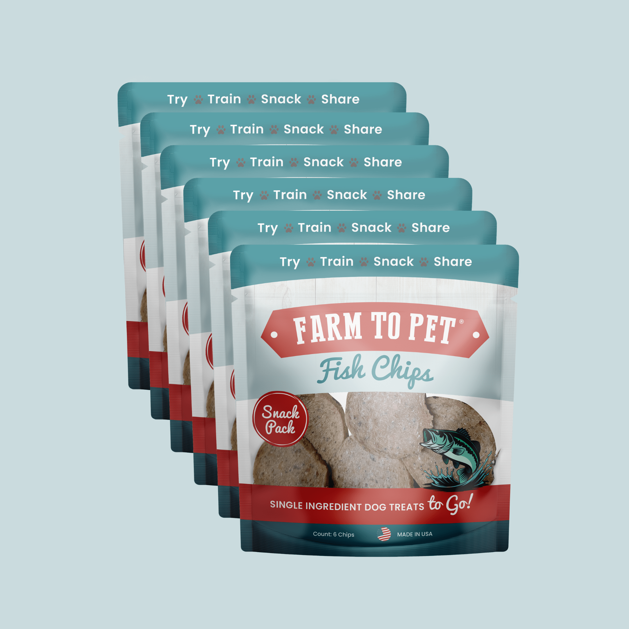 Farm to Pet Fish Chips snack pack bundle with four sealed dog treat pouches