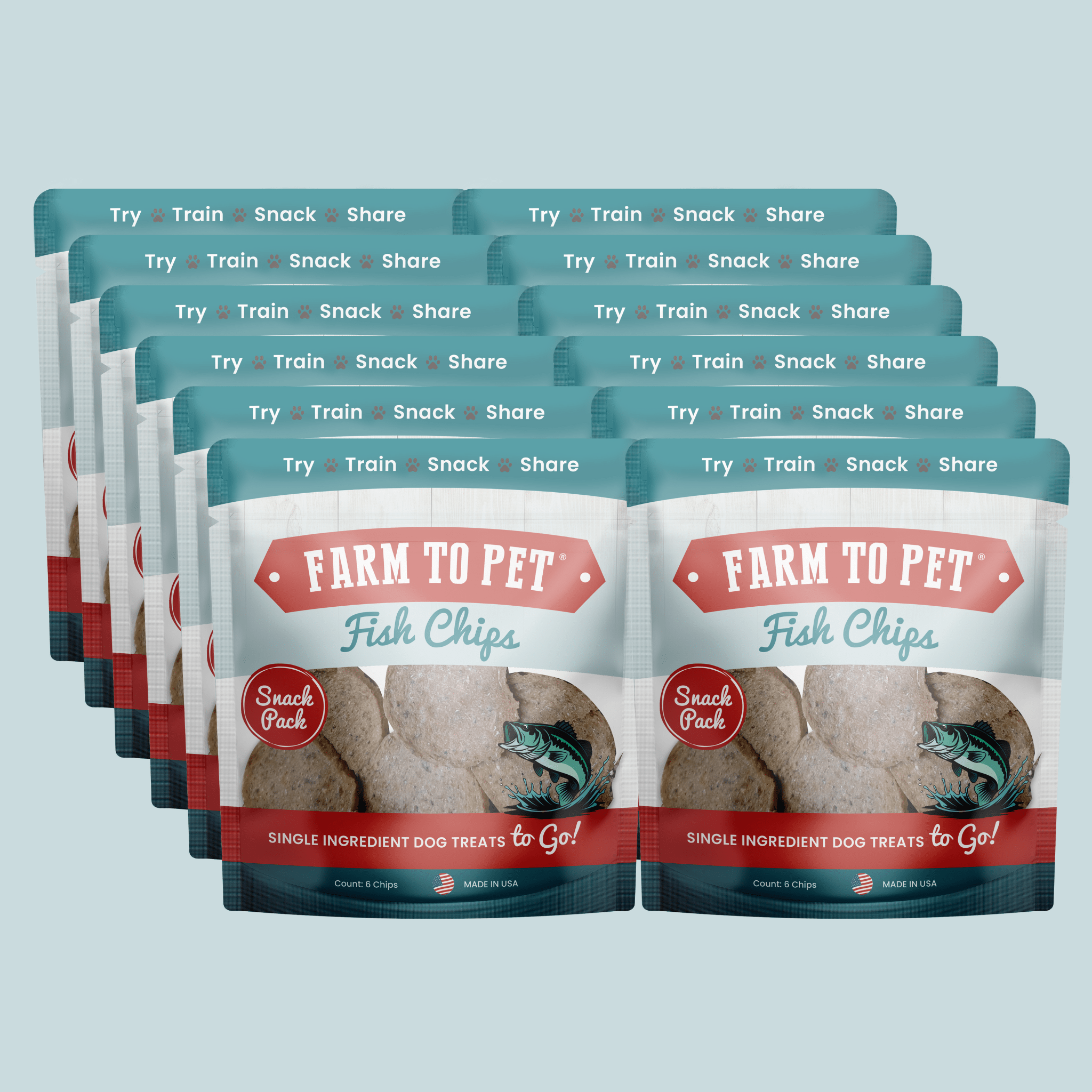 Farm to Pet Fish Chips bundle with four sealed dog treat pouches, teal top packaging