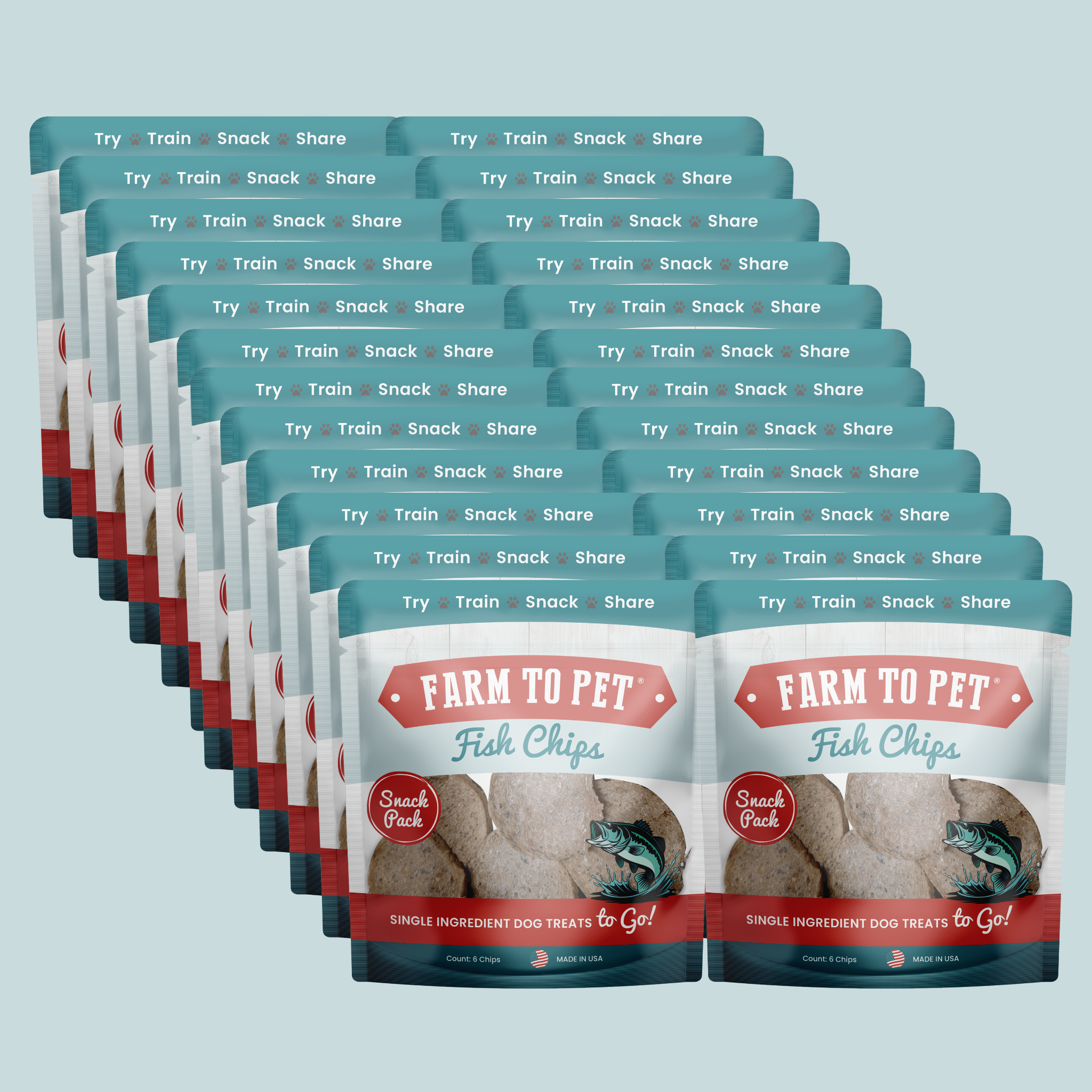 Stacked Fish Chips treat pouches snack pack bundle