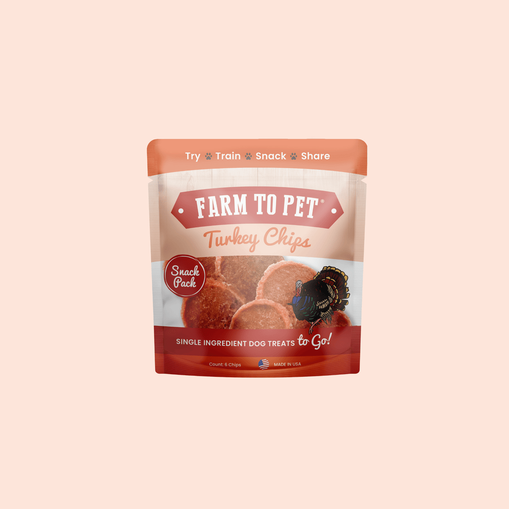 Farm to Pet Turkey Chips snack pack pouch for dog treats, orange-brown bag