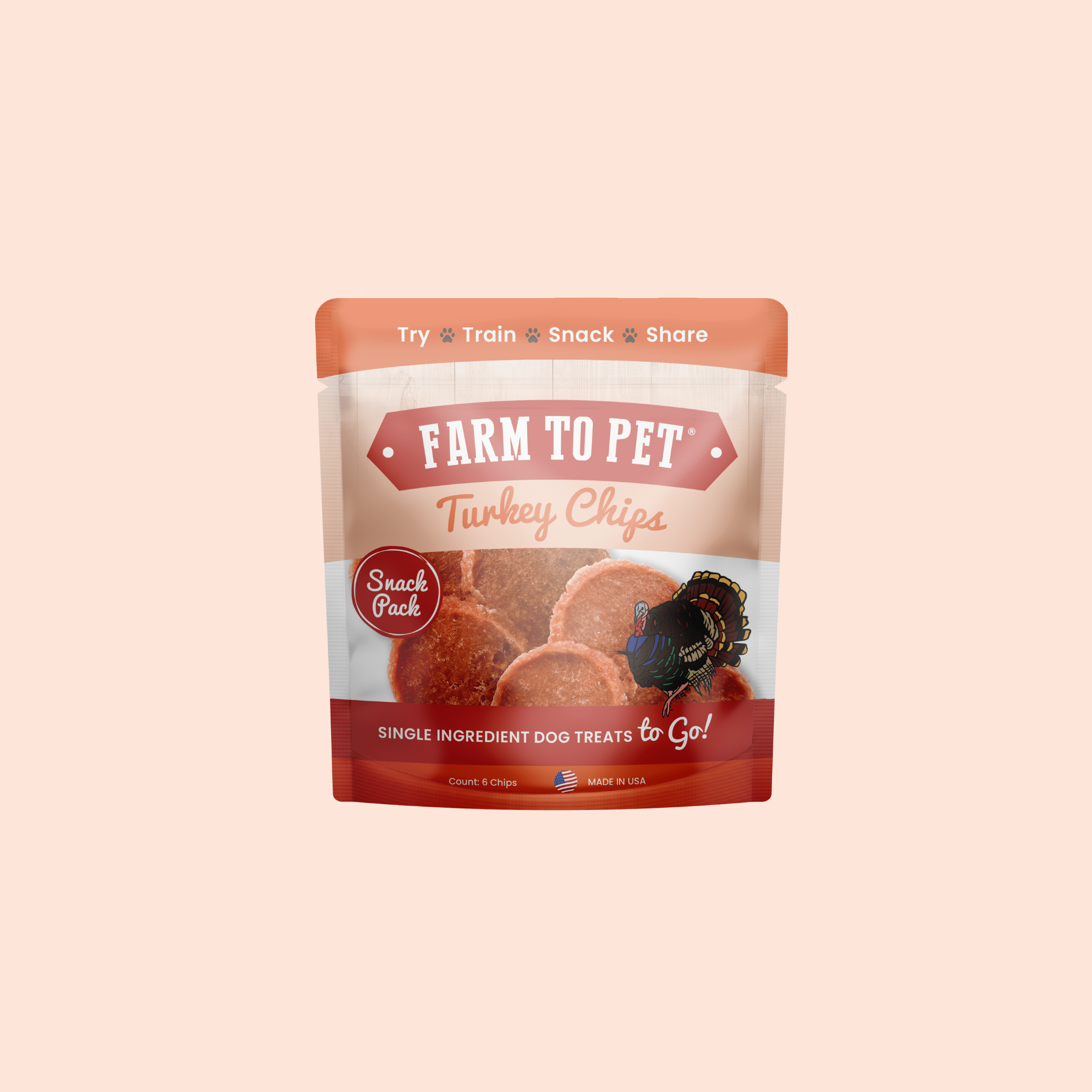 Farm to Pet Turkey Chips snack pack pouch for dog treats, orange-brown bag