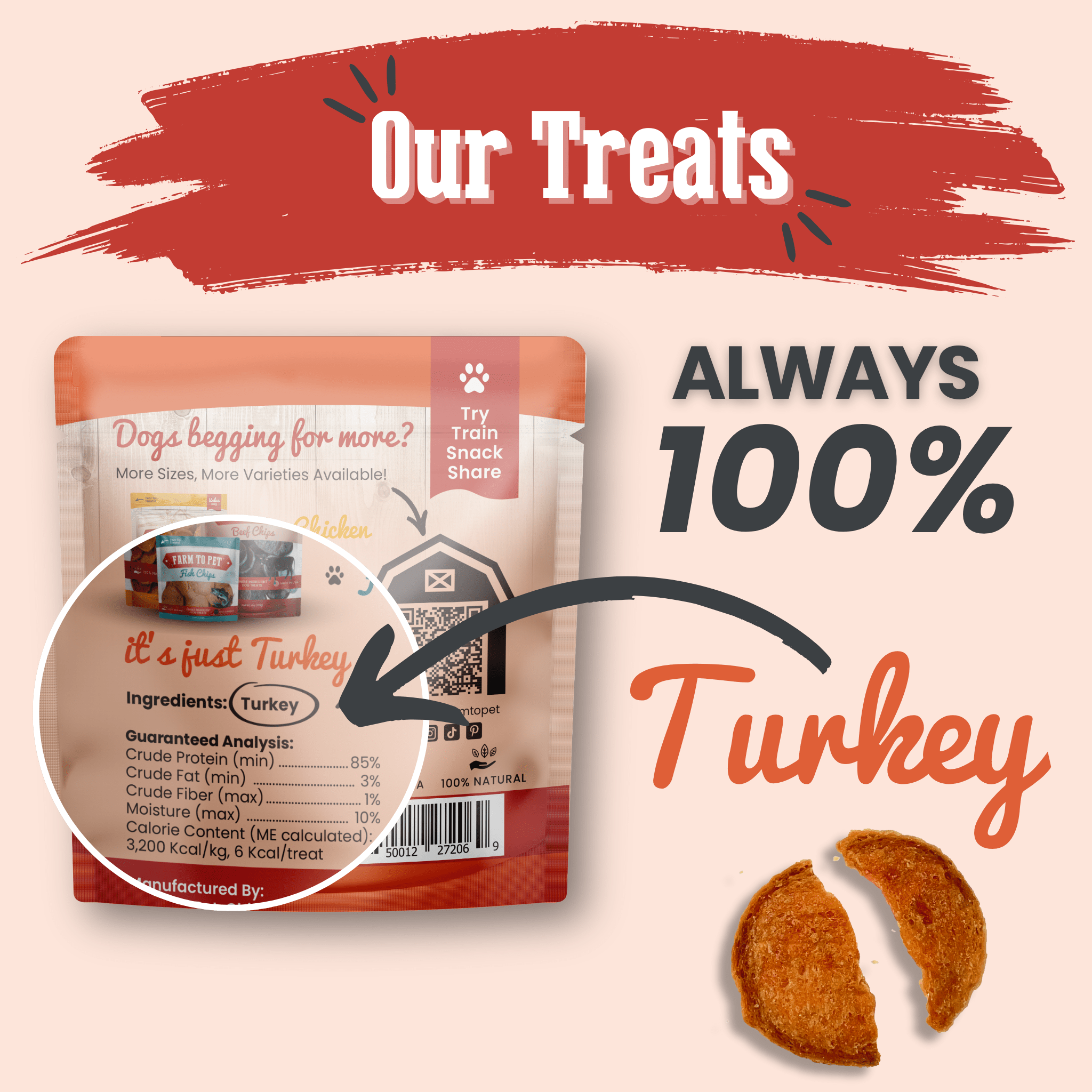 Farm to Pet Turkey Chips snack pack pouch with two turkey-chip pieces