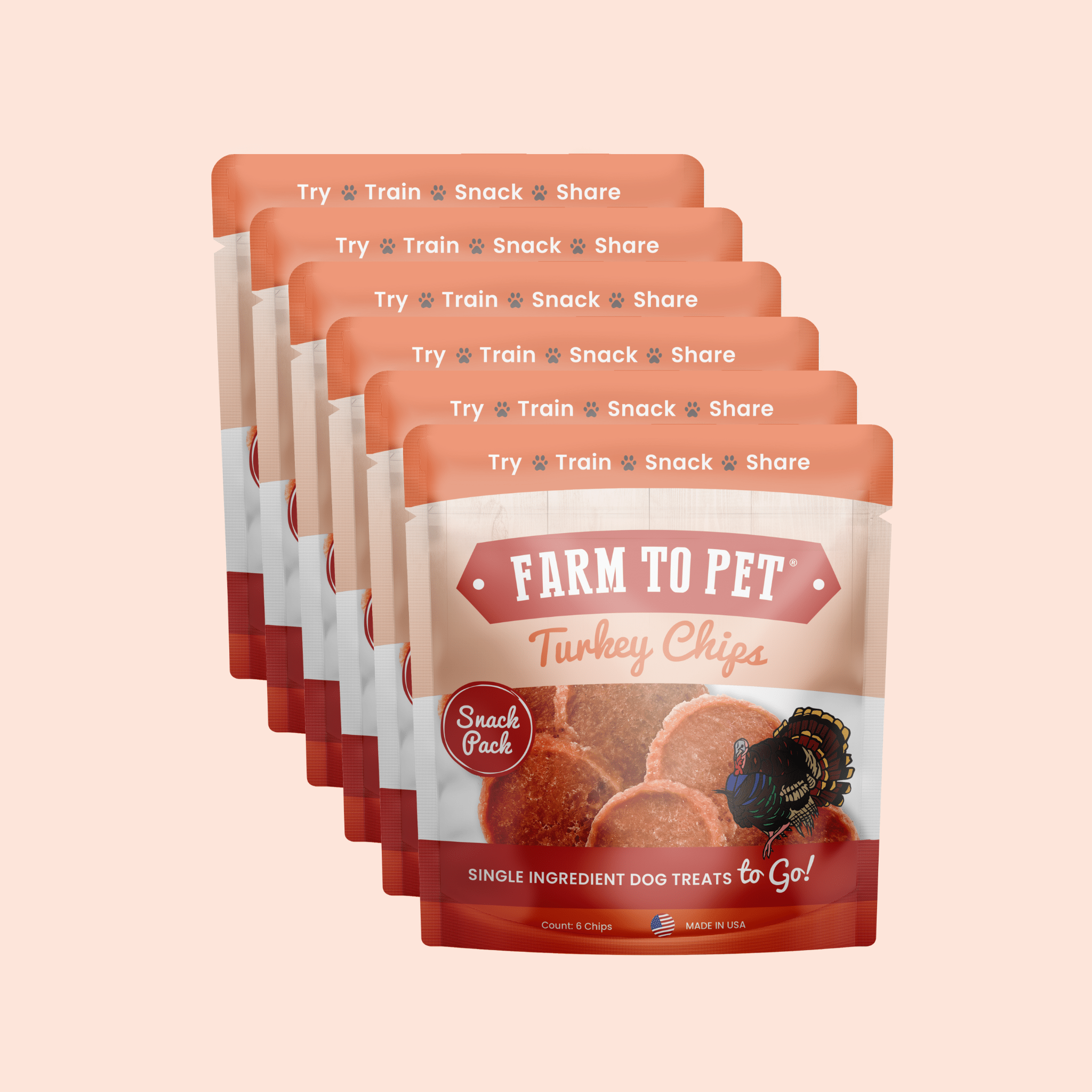 Farm to Pet Turkey Chips snack pack bundle, multiple orange-brown pouches