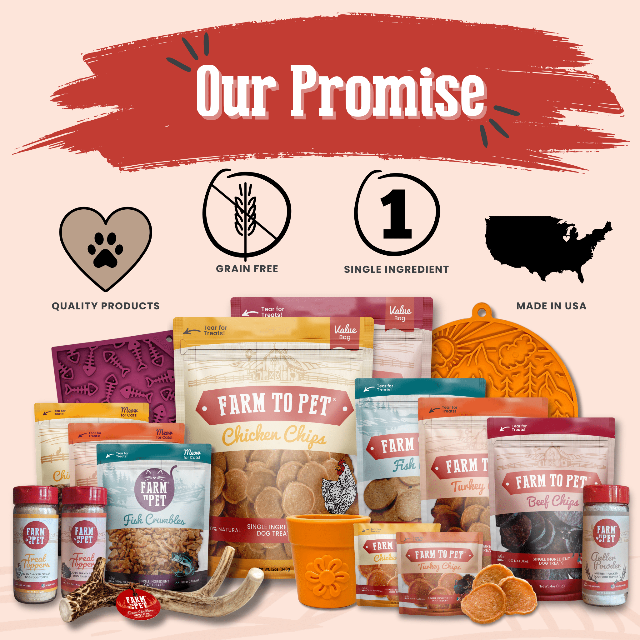 Our Promise promotional poster featuring Farm to Pet Turkey Chips package