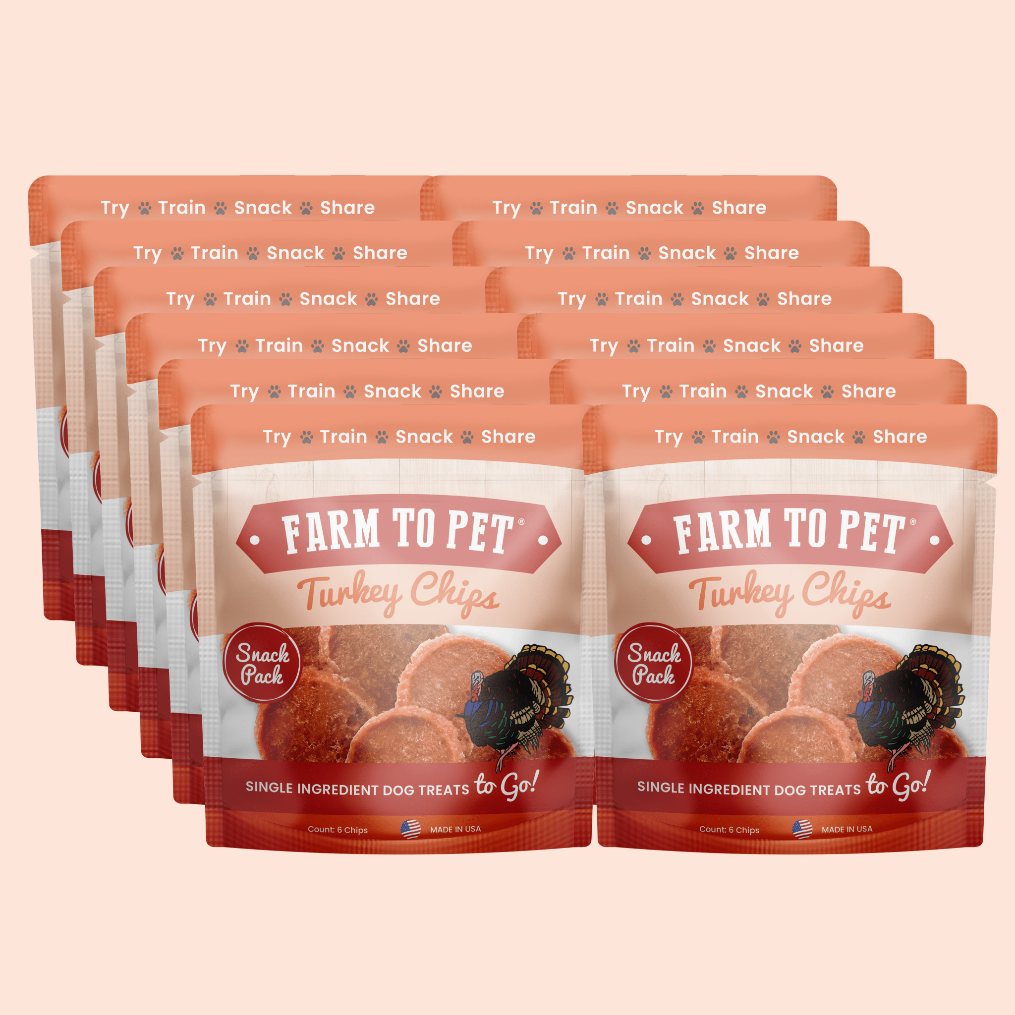 Farm to Pet Turkey Chips snack pack bundle, two orange-brown pouches front view