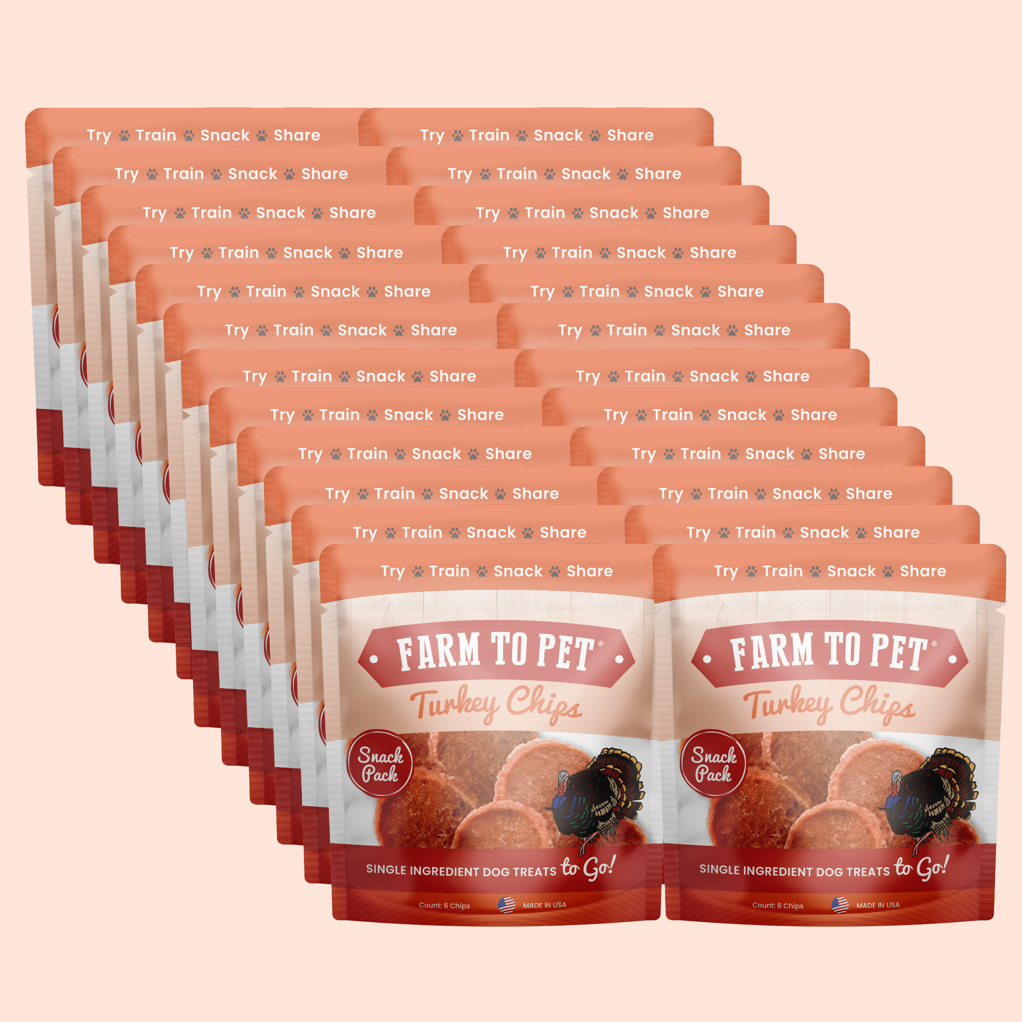Stack of turkey chips snack packs in resealable pouches
