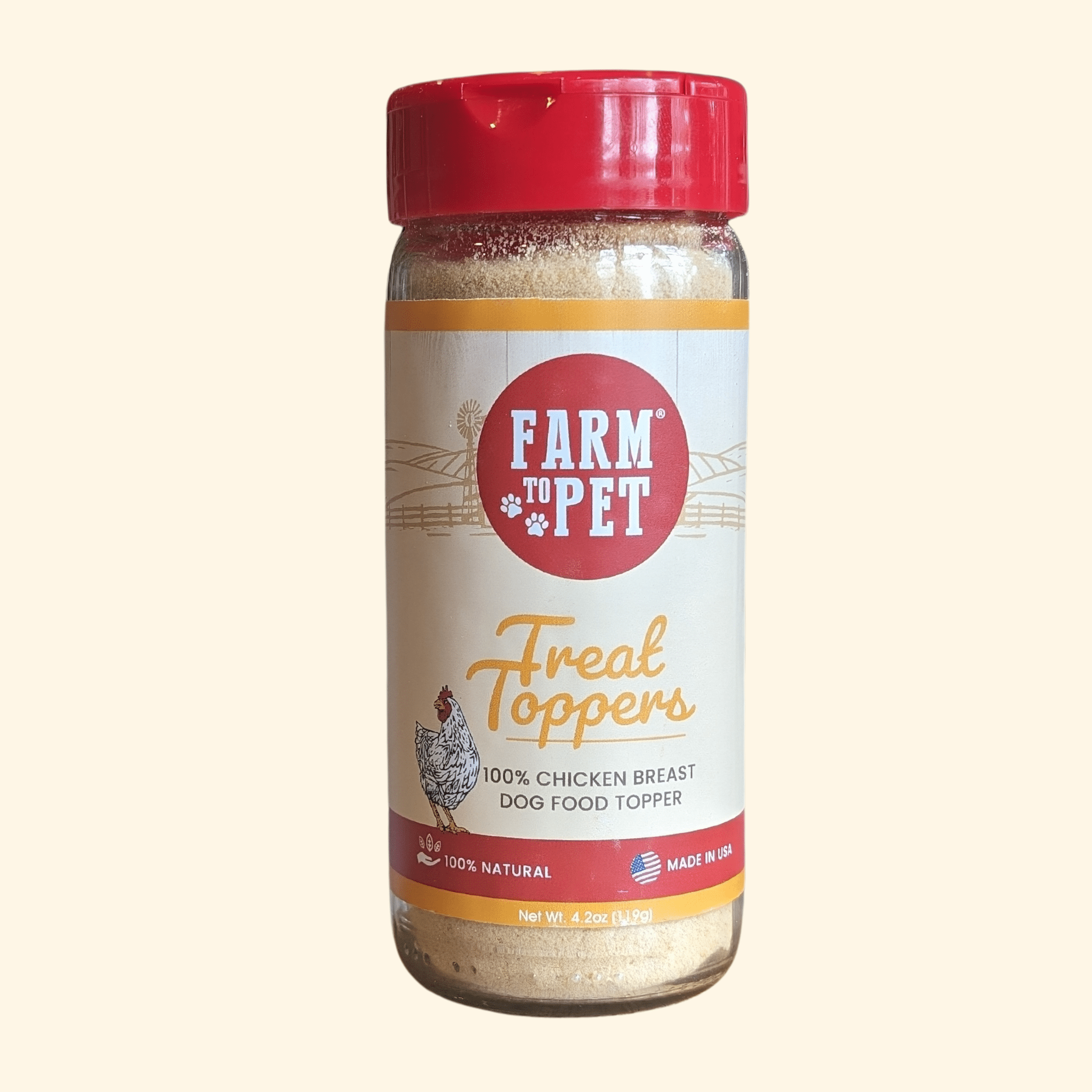 Chicken dog food topper jar with red cap and Farm to Pet label