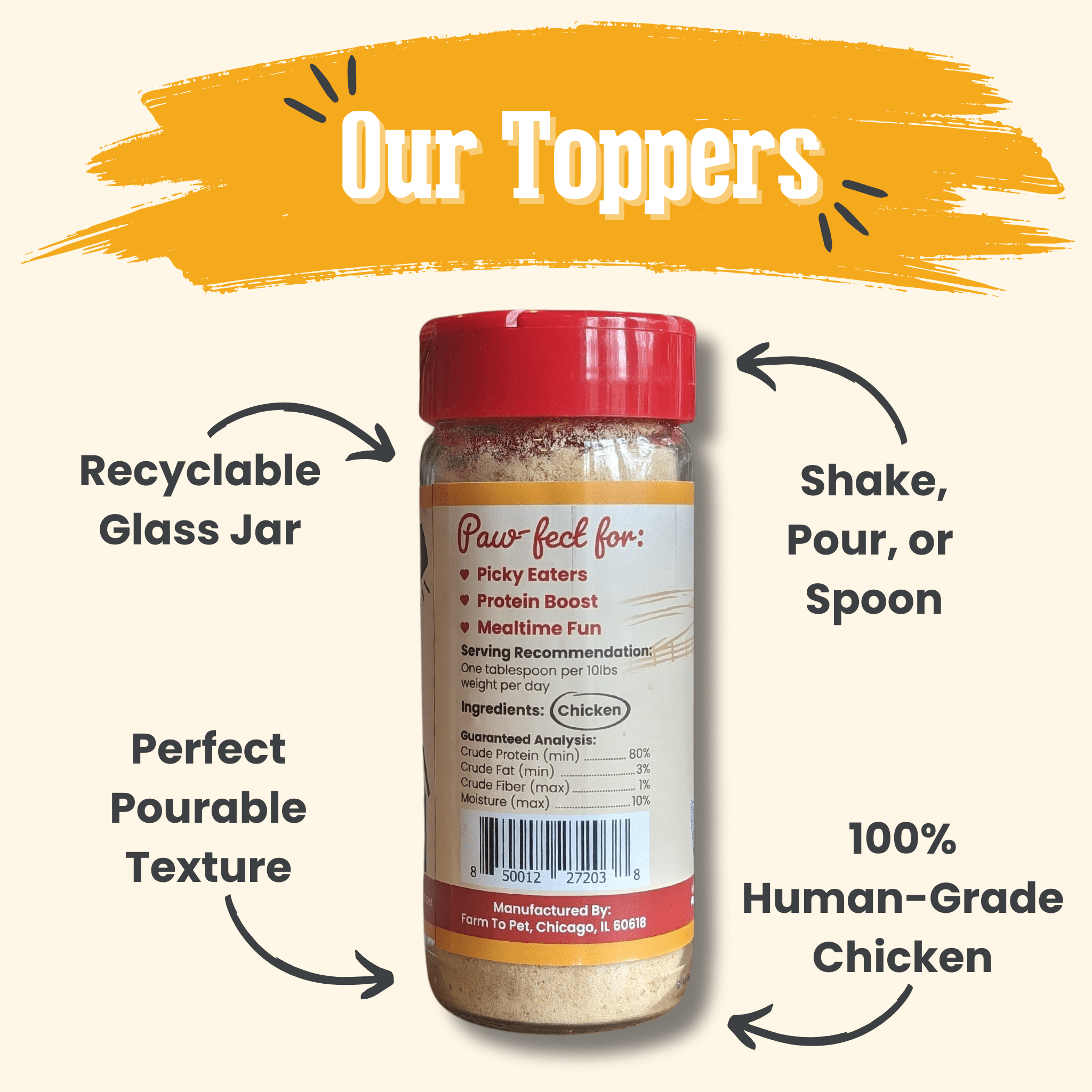Chicken dog food topper jar with red cap, labeled recyclable glass jar