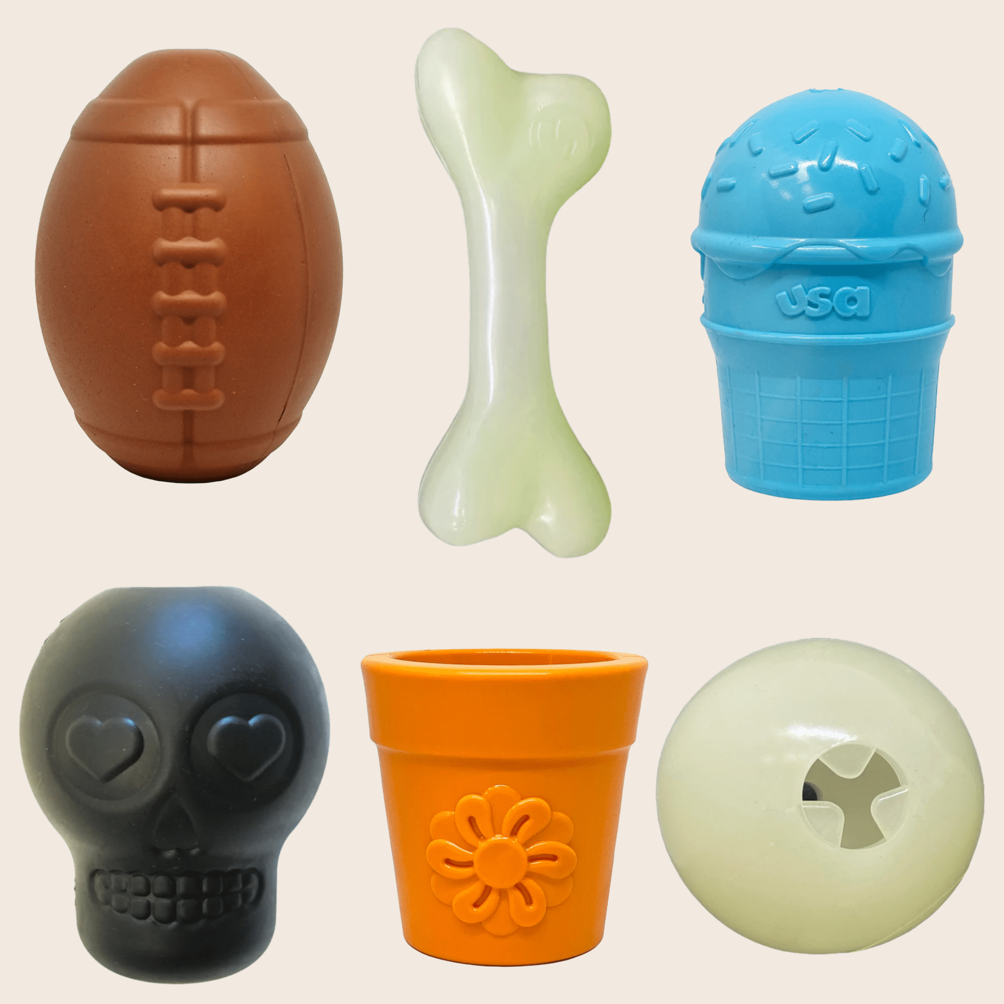 Dog treat dispenser in brown football shape with textured laces and seams.