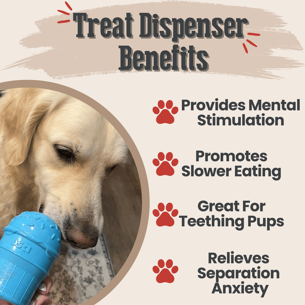 Blue ice cream-style dog treat dispenser shown with dog benefits graphic.