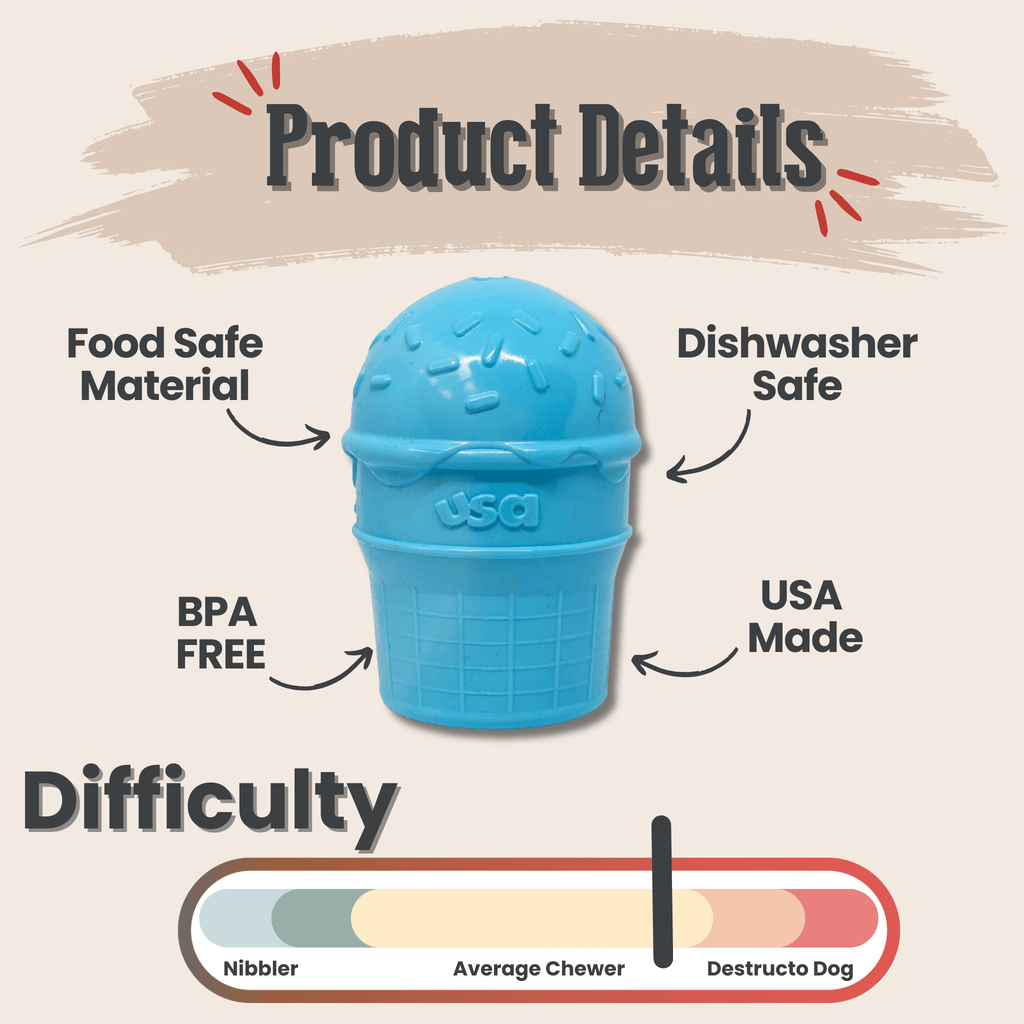 Blue ice cream dog treat dispenser with labeled features on an informational card.