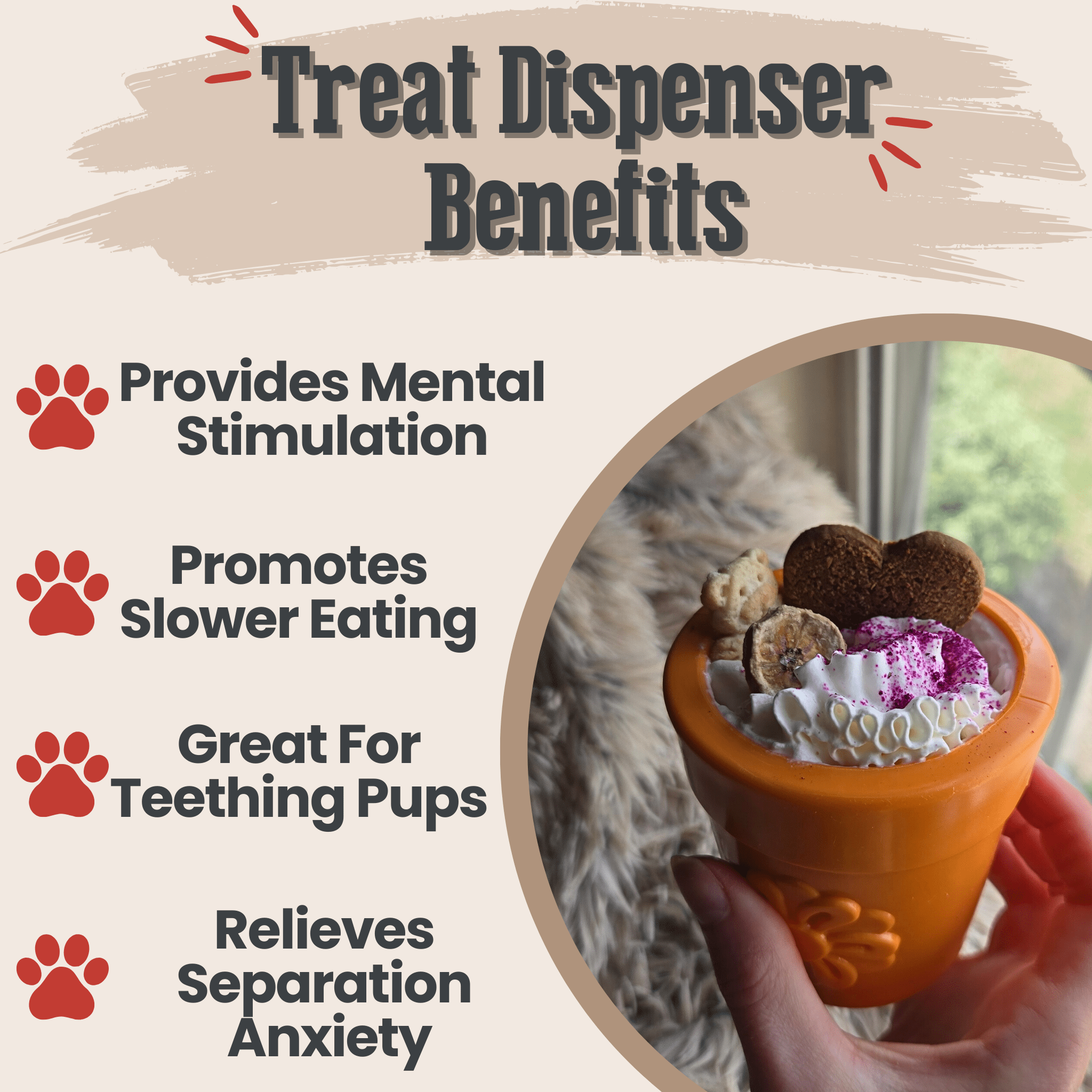 orange dog treat dispenser held in a hand, with treat peeking inside