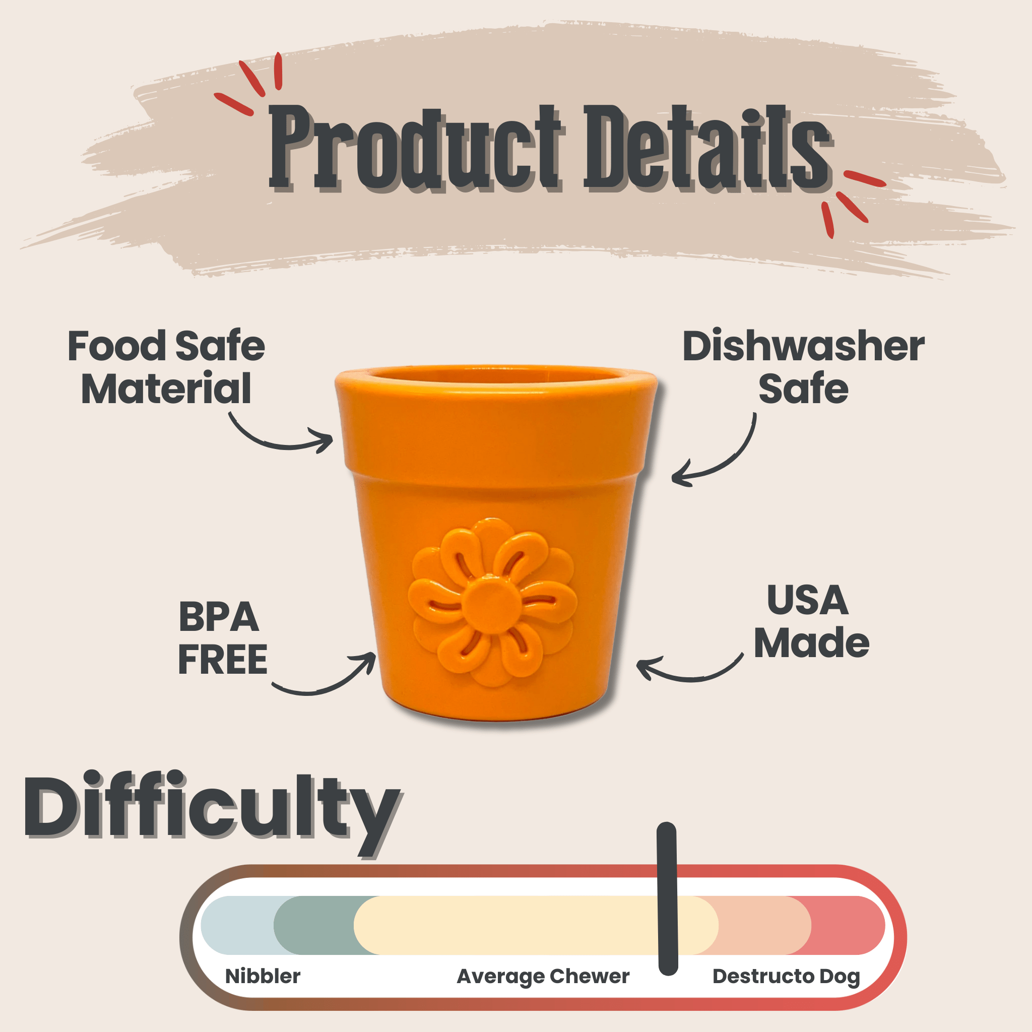 orange flower-style dog treat dispenser cup with ridged top and flower emboss