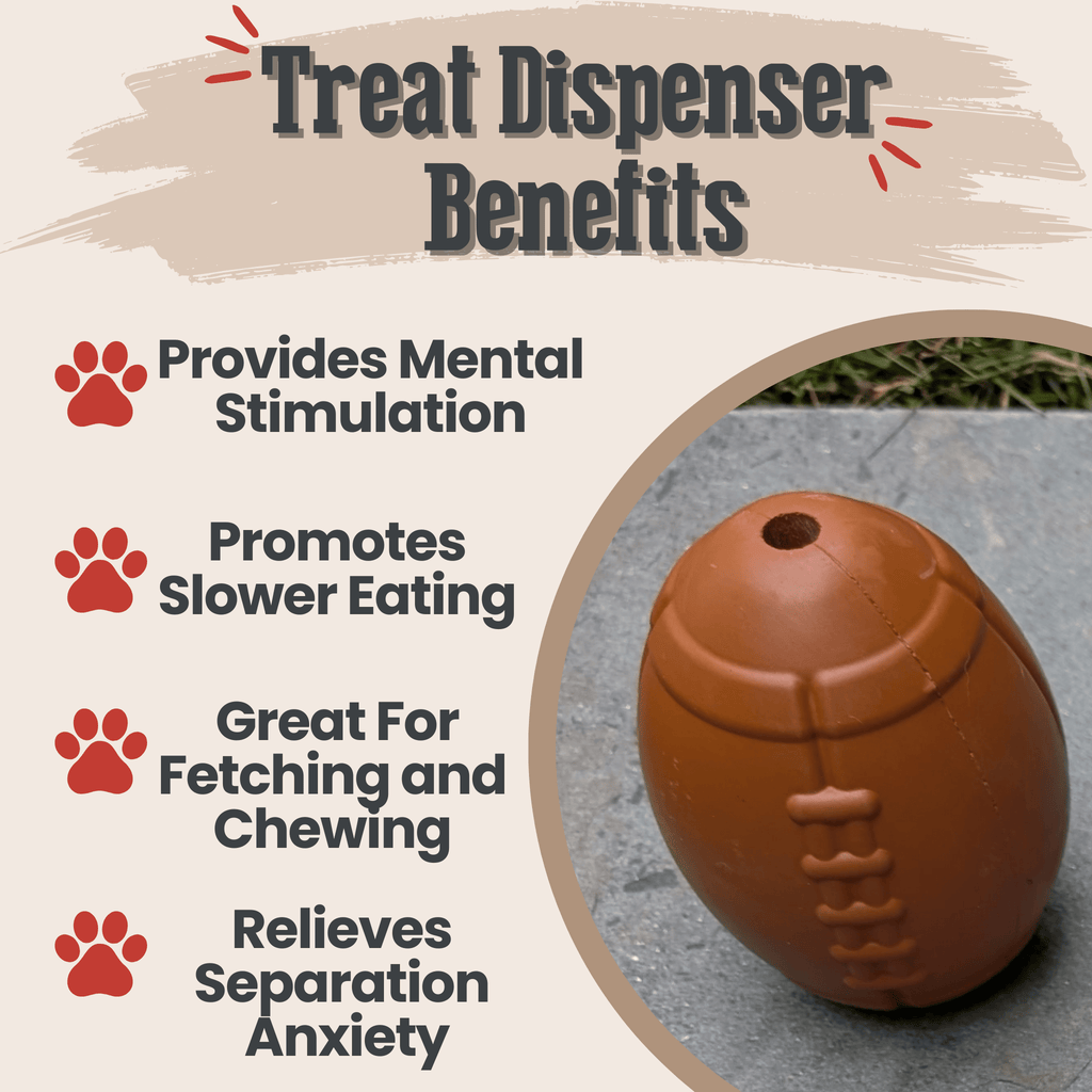 brown ball-shaped dog treat dispenser with embossed football-chew line detail