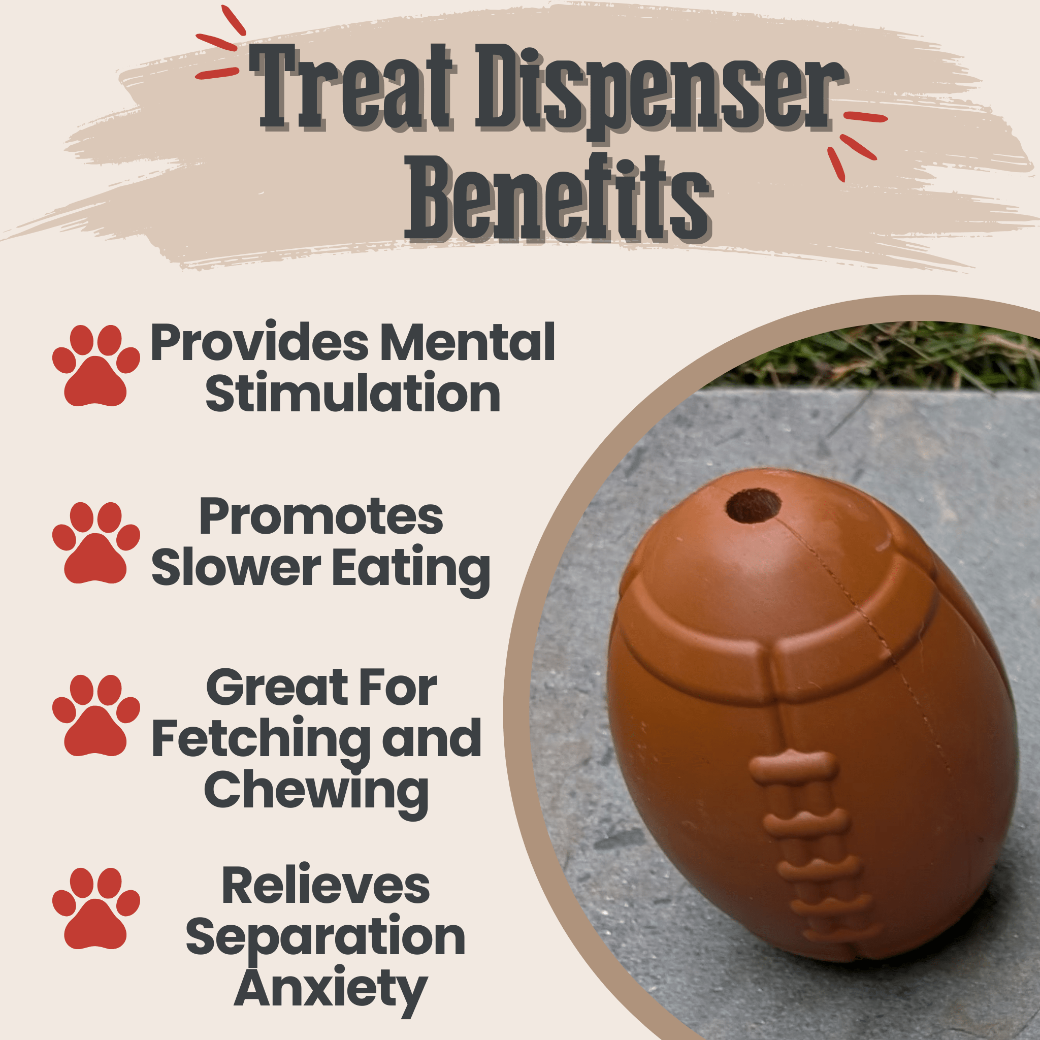 brown ball-shaped dog treat dispenser with embossed football-chew line detail
