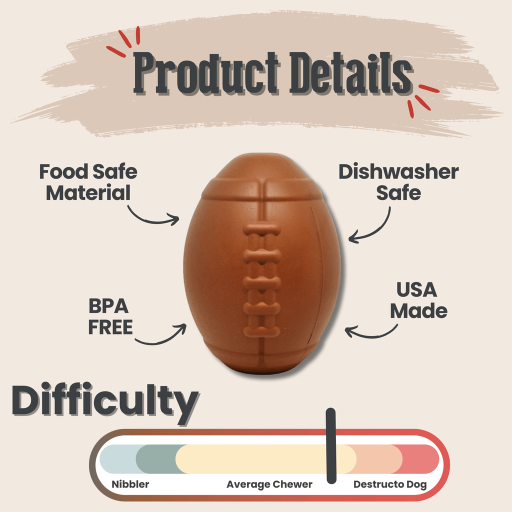 brown football-style dog treat dispenser with embossed bone pattern and side opening