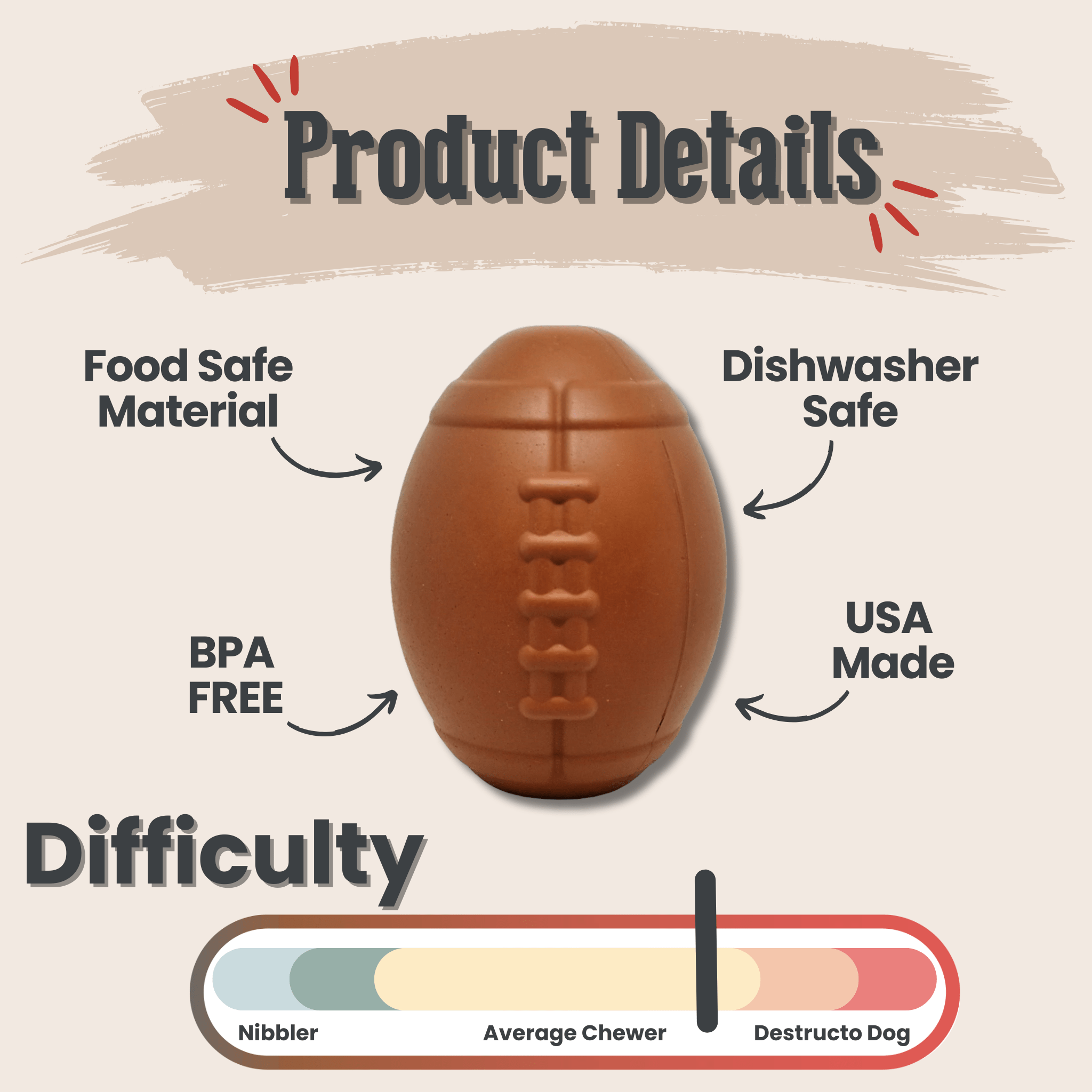 brown football-style dog treat dispenser with embossed bone pattern and side opening