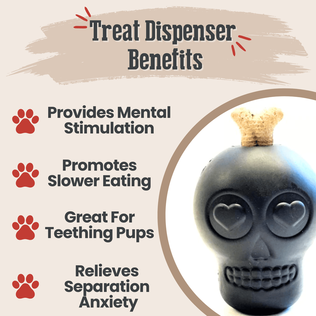 Skull-shaped dog treat dispenser with “Treat Dispenser Benefits” text and heart eyes.