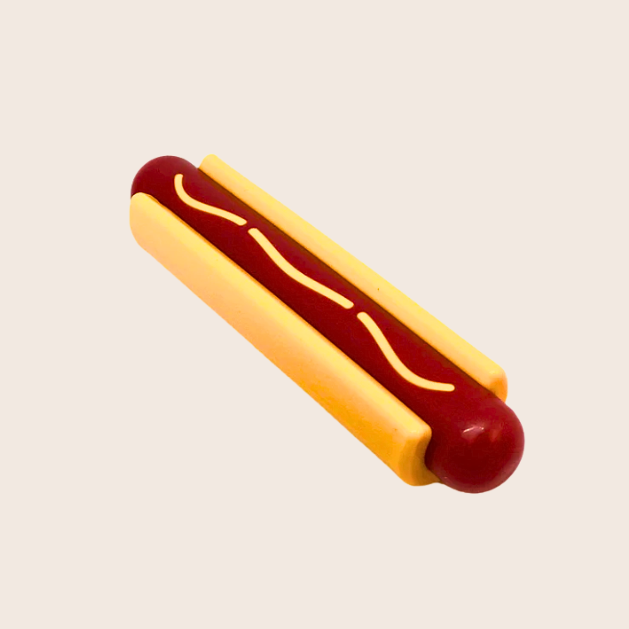 Red-and-yellow hot dog-shaped chew toy
