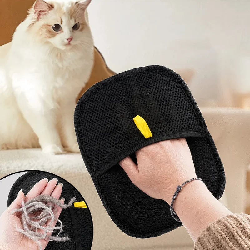 Black pet grooming glove with textured mesh palm and neon yellow label