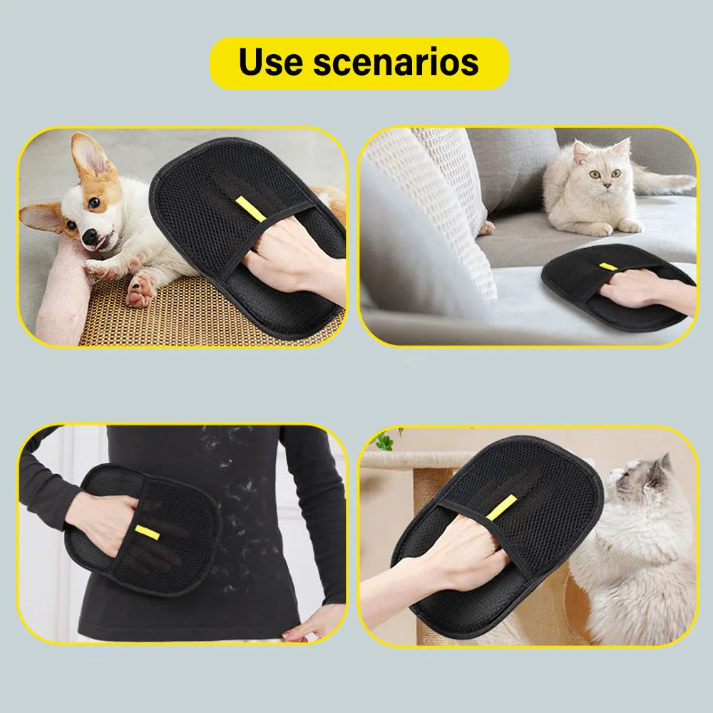 Black grooming glove with textured mesh and neon yellow pull-tab
