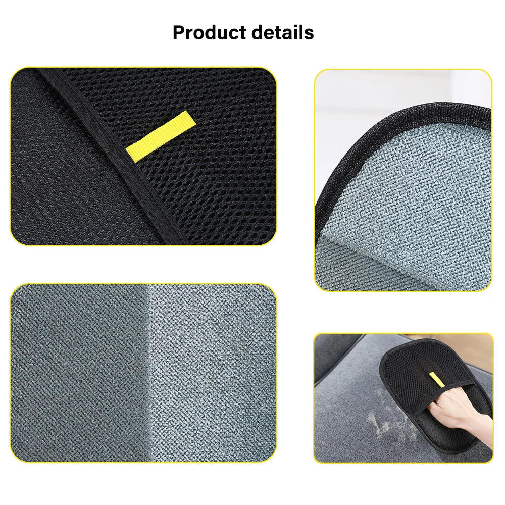 Grooming glove details: black mesh texture with neon yellow tab and inner pad