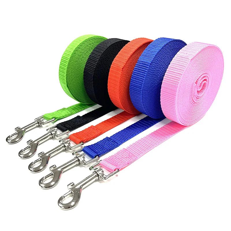 Nylon dog training leash set, rolled coils with metal clips in red, black, blue, pink, green