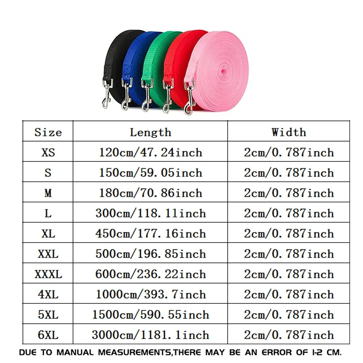 Nylon dog training leash roll with metal clips, black strap with assorted color bands