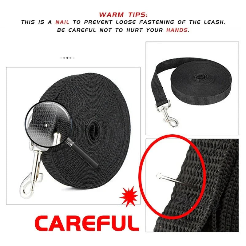 Nylon dog training leash roll, black strap with metal clasp and reinforced stitching detail