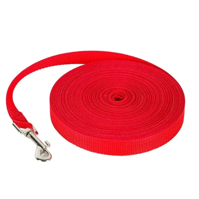 Nylon dog training leash roll, red strap with metal snap clasp