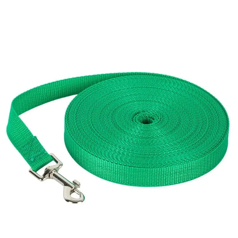 Nylon dog training leash roll, light green strap with metal snap clasp