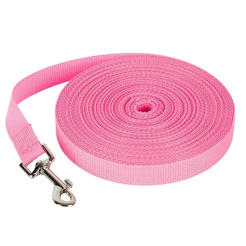 Nylon dog training leash roll, pink strap with metal snap clasp