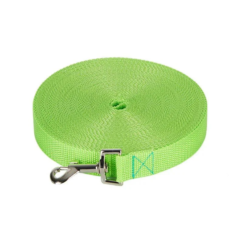Nylon dog training leash roll, bright green strap with metal snap clasp