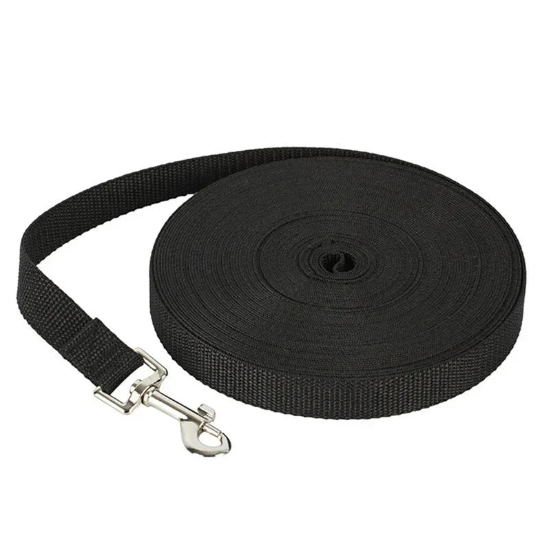 Nylon dog training leash roll, black strap with metal snap clasp