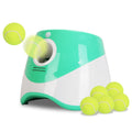 Automatic dog ball launcher in teal, white and green with tennis ball supply