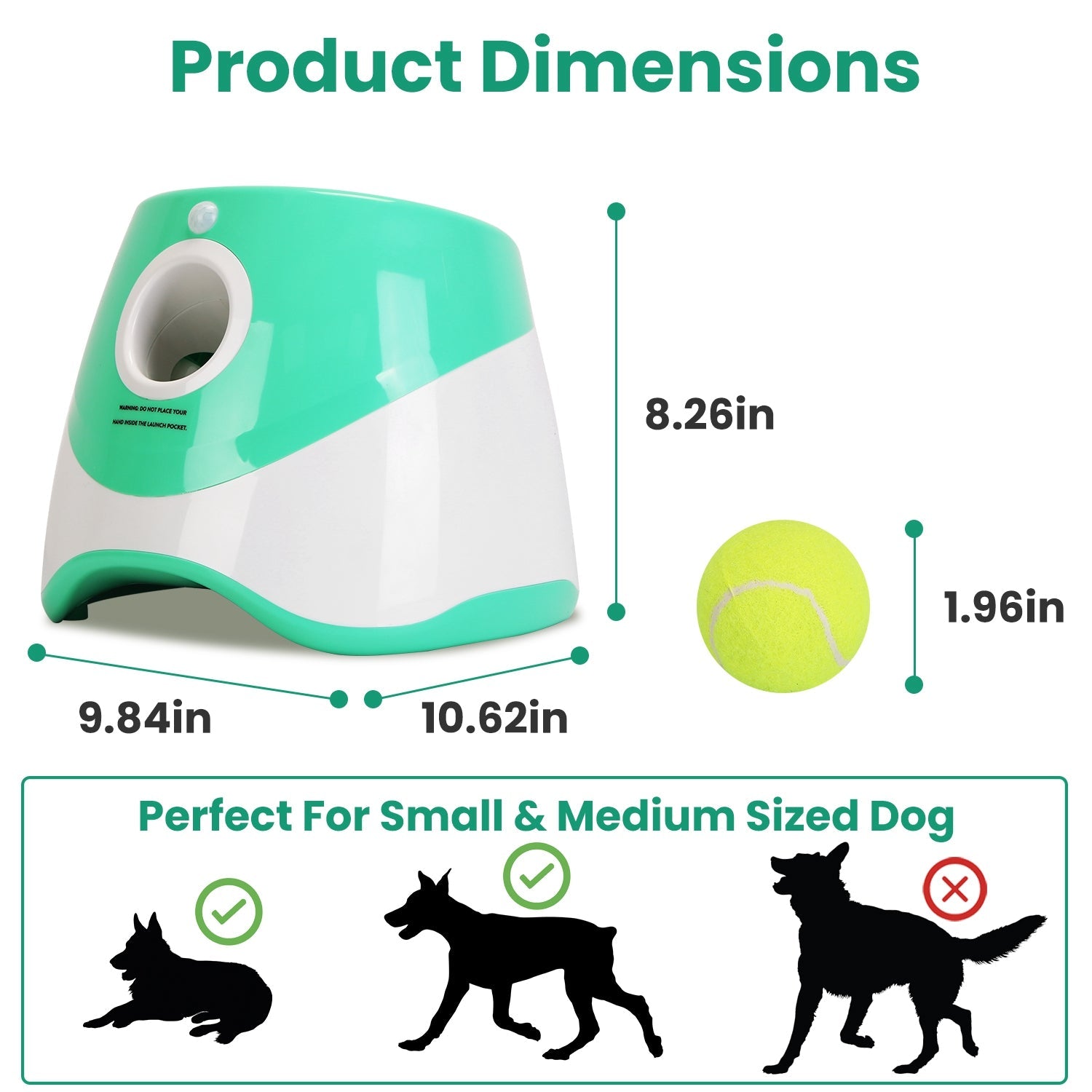 Automatic dog ball launcher with tennis balls and visible height and width diagram