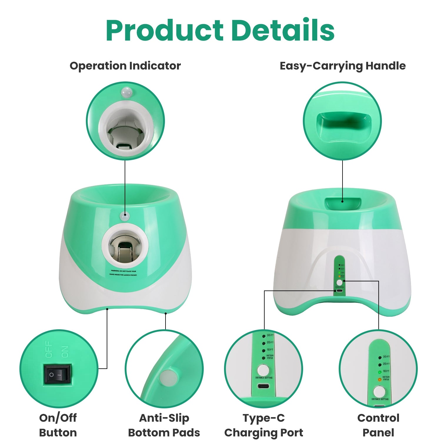 Automatic dog ball launcher with front hopper, on/off button, and charging panel