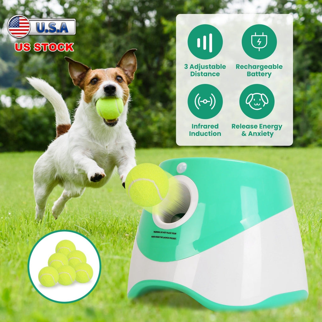 Automatic dog ball launcher with tennis balls and side view showing launcher opening