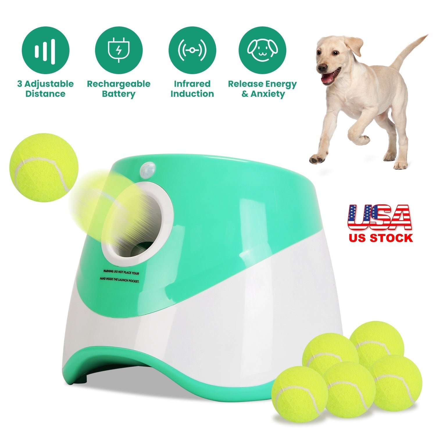 Automatic dog ball launcher with tennis balls and top indicator icons overhead