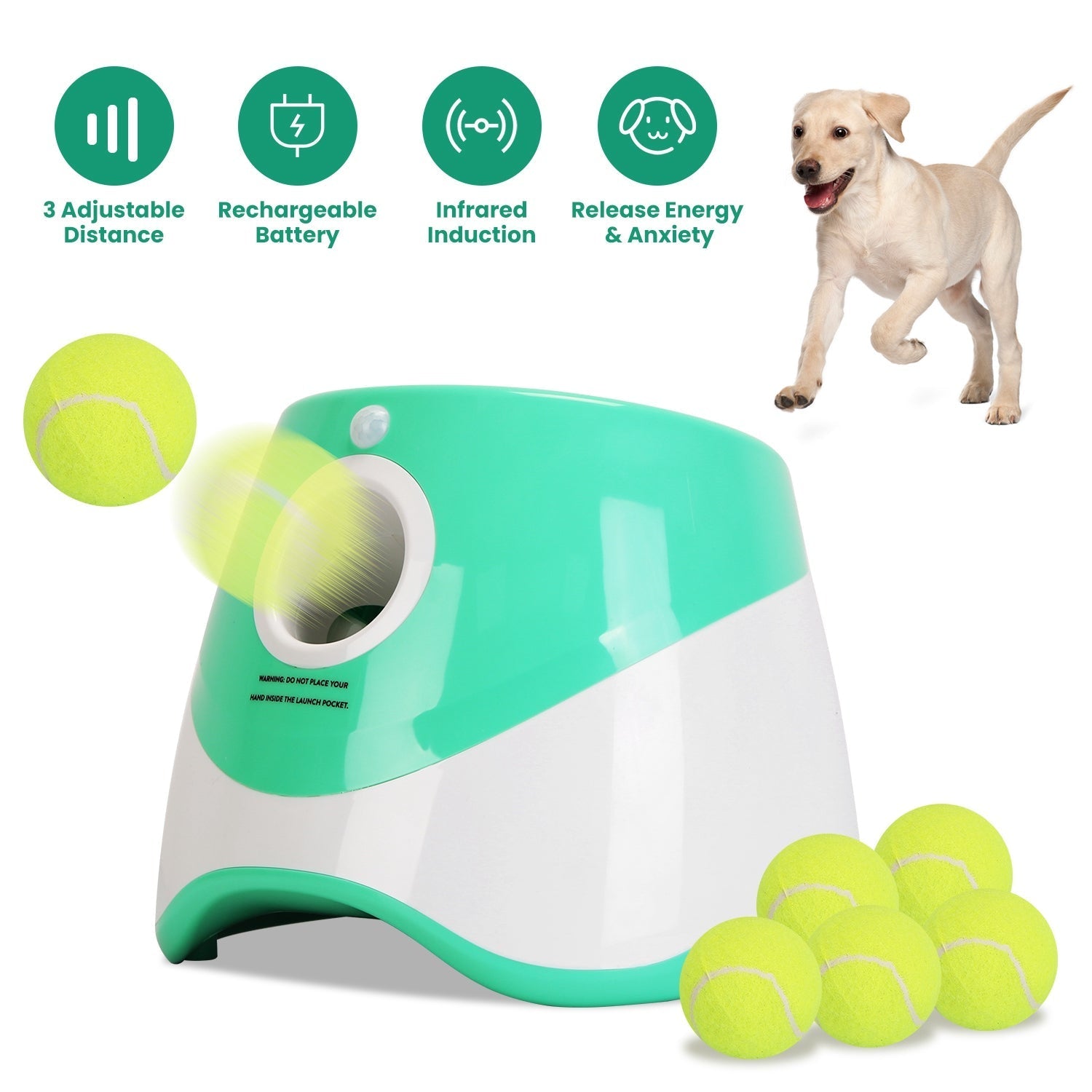 Automatic dog ball launcher with launcher opening and tennis balls in front