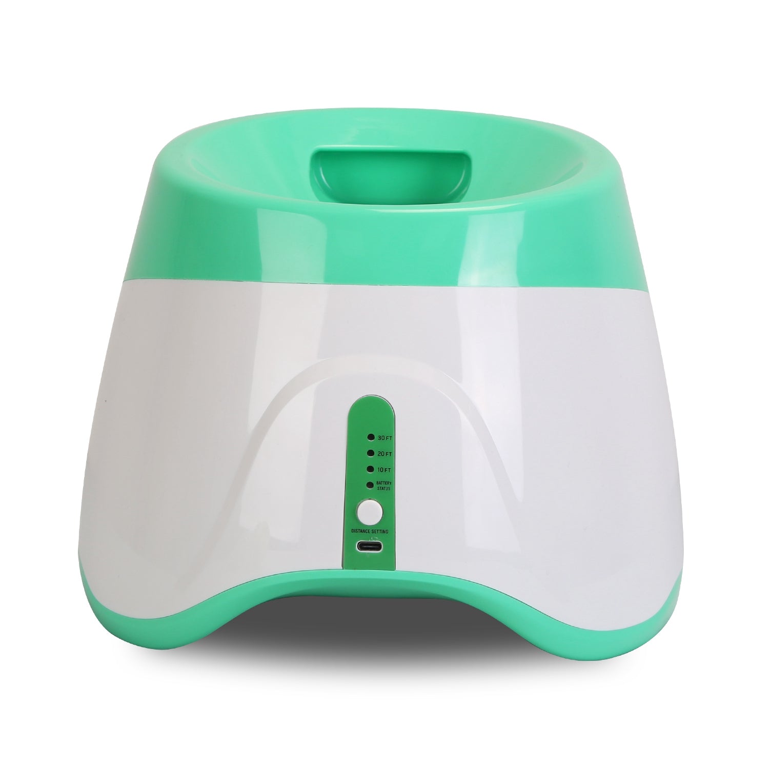 Automatic dog ball launcher with green top and white body, front control panel