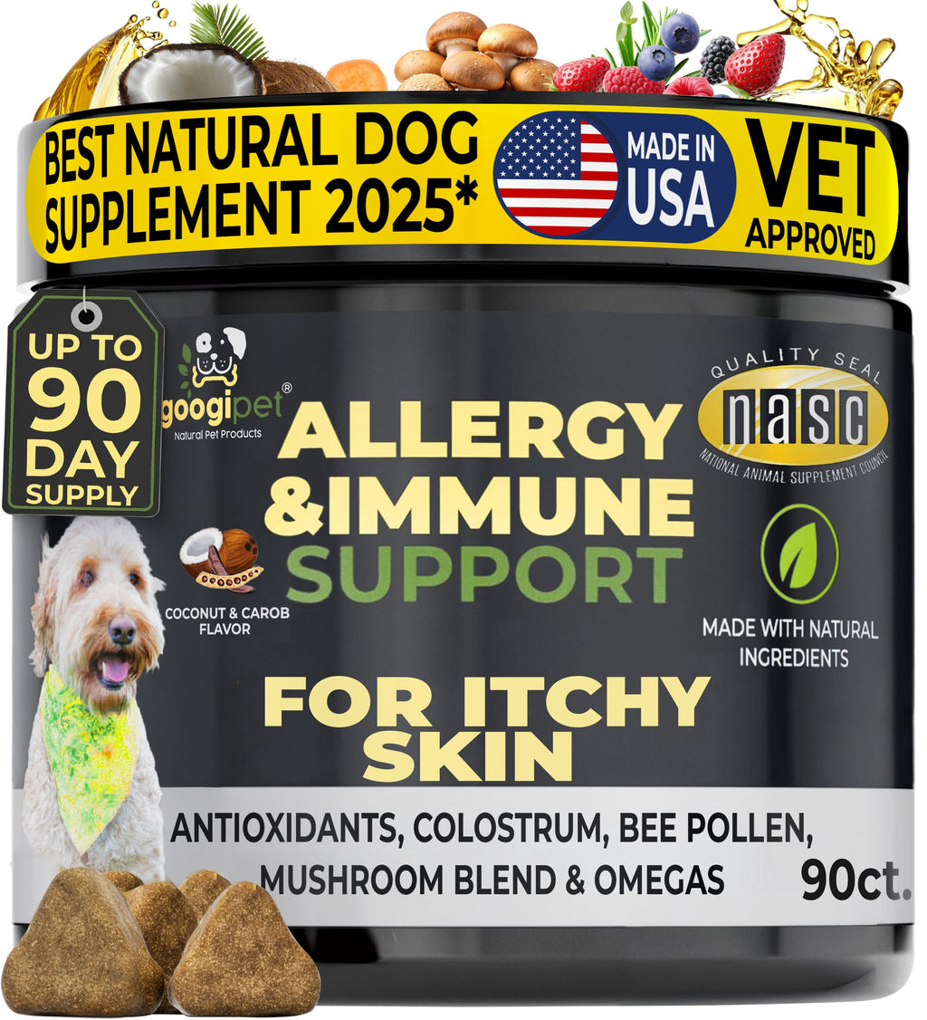 Dog allergy and immune support chew supplement jar, coconut and carob flavor